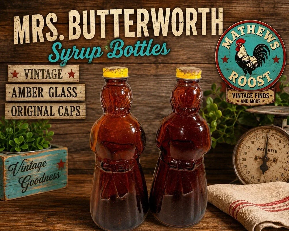 Vintage Mrs. Butterworth Amber Glass Syrup Bottles Pair Original Yellow Caps